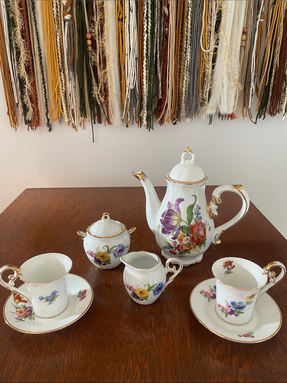 Porcelain Floral Tea Set with Gold Trim - White Floral Design